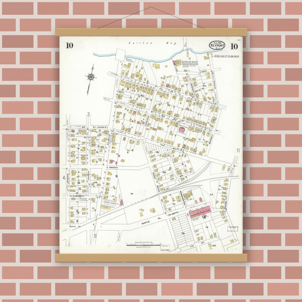 Old map wall art mockup — magnetic wood frame on brick wall — Sanborn Fire Insurance Map from Keyport, Monmouth County, New Jersey (1923), Sheet #0010