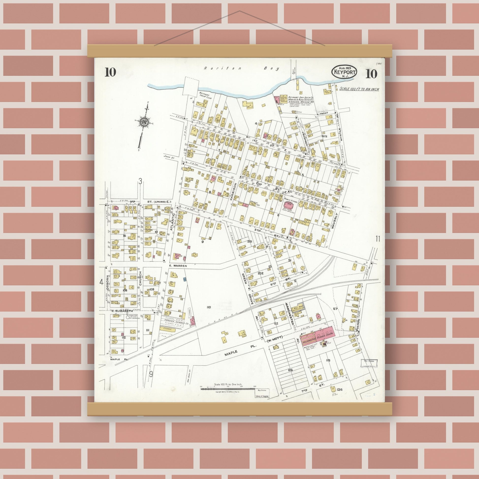 Old map wall art mockup — magnetic wood frame on brick wall — Sanborn Fire Insurance Map from Keyport, Monmouth County, New Jersey (1923), Sheet #0010