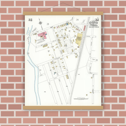 Old map wall art mockup — magnetic wood frame on brick wall — Sanborn Fire Insurance Map from Stroudsburg, Monroe County, Pennsylvania (1923), Sheet #0032