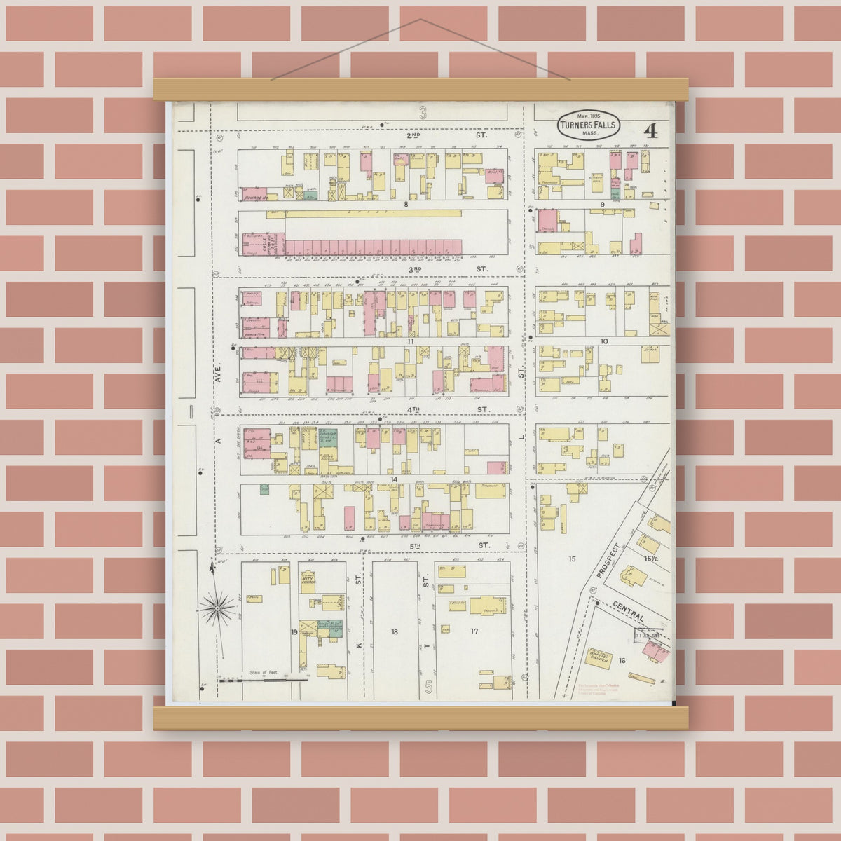 Old map wall art mockup — magnetic wood frame on brick wall — Sanborn Fire Insurance Map from Turners Falls, Franklin County, Massachusetts (1895), Sheet #0004