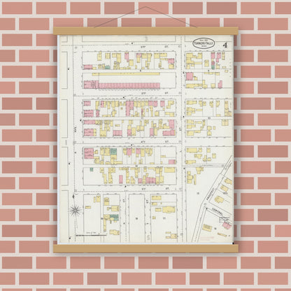 Old map wall art mockup — magnetic wood frame on brick wall — Sanborn Fire Insurance Map from Turners Falls, Franklin County, Massachusetts (1895), Sheet #0004