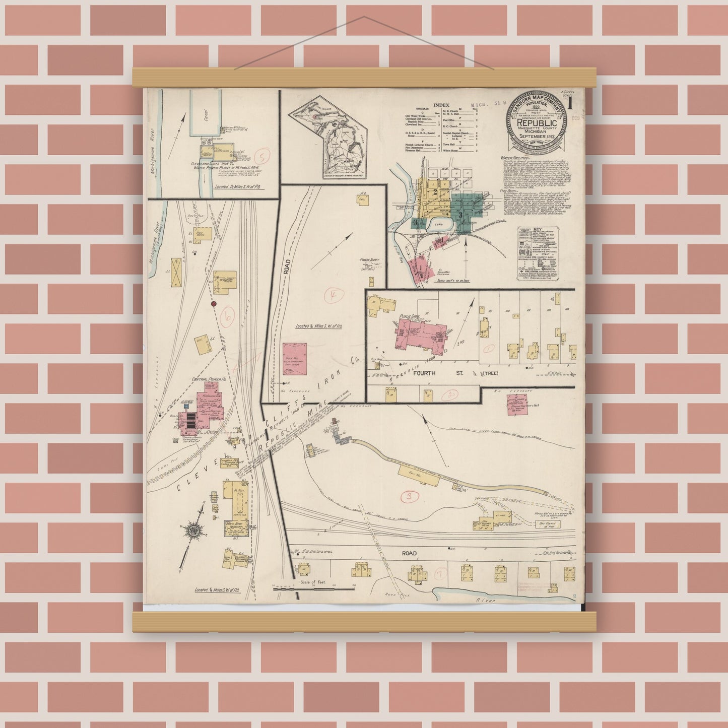 Old map wall art mockup — magnetic wood frame on brick wall — Sanborn Fire Insurance Map from Republic, Marquette County, Michigan (1922) - Complete Map Set