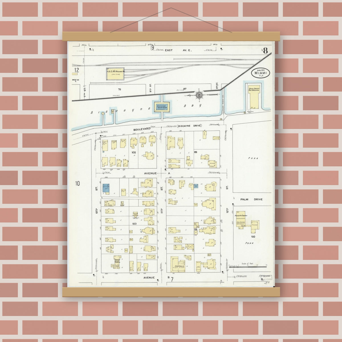Old map wall art mockup — magnetic wood frame on brick wall — Sanborn Fire Insurance Map from Miami, Dade County, Florida (1910), Sheet #0008