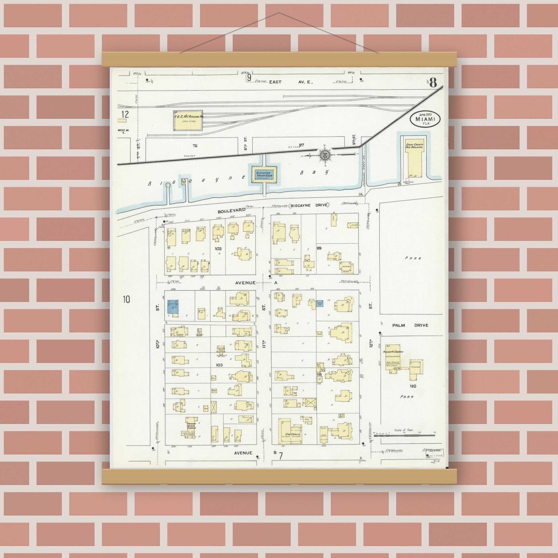 Old map wall art mockup — magnetic wood frame on brick wall — Sanborn Fire Insurance Map from Miami, Dade County, Florida (1910), Sheet #0008
