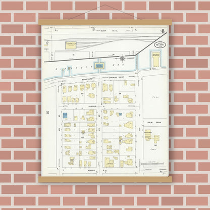 Old map wall art mockup — magnetic wood frame on brick wall — Sanborn Fire Insurance Map from Miami, Dade County, Florida (1910), Sheet #0008