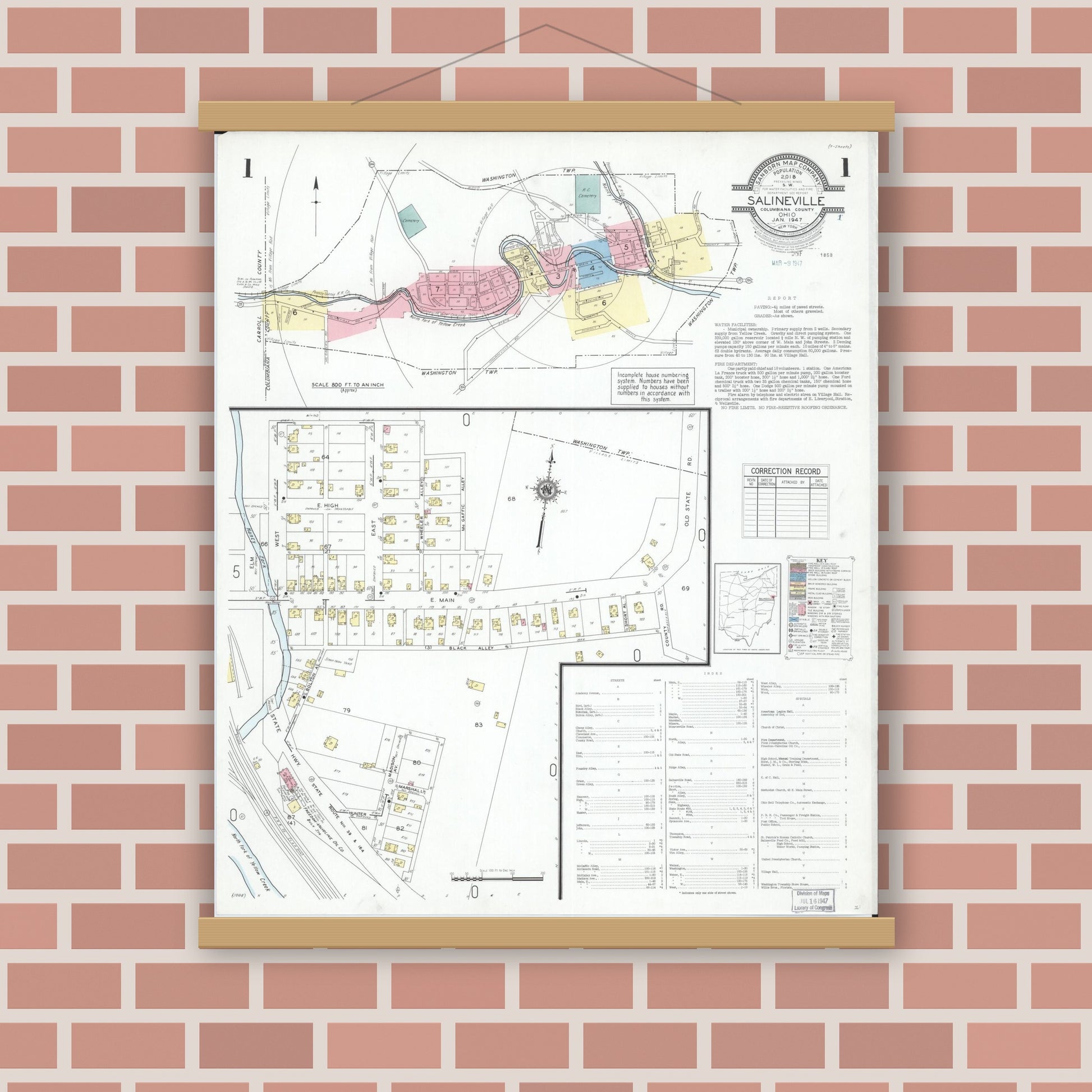 Old map wall art mockup — magnetic wood frame on brick wall — Sanborn Fire Insurance Map from Salineville, Columbiana County, Ohio (1947), Sheet #0001