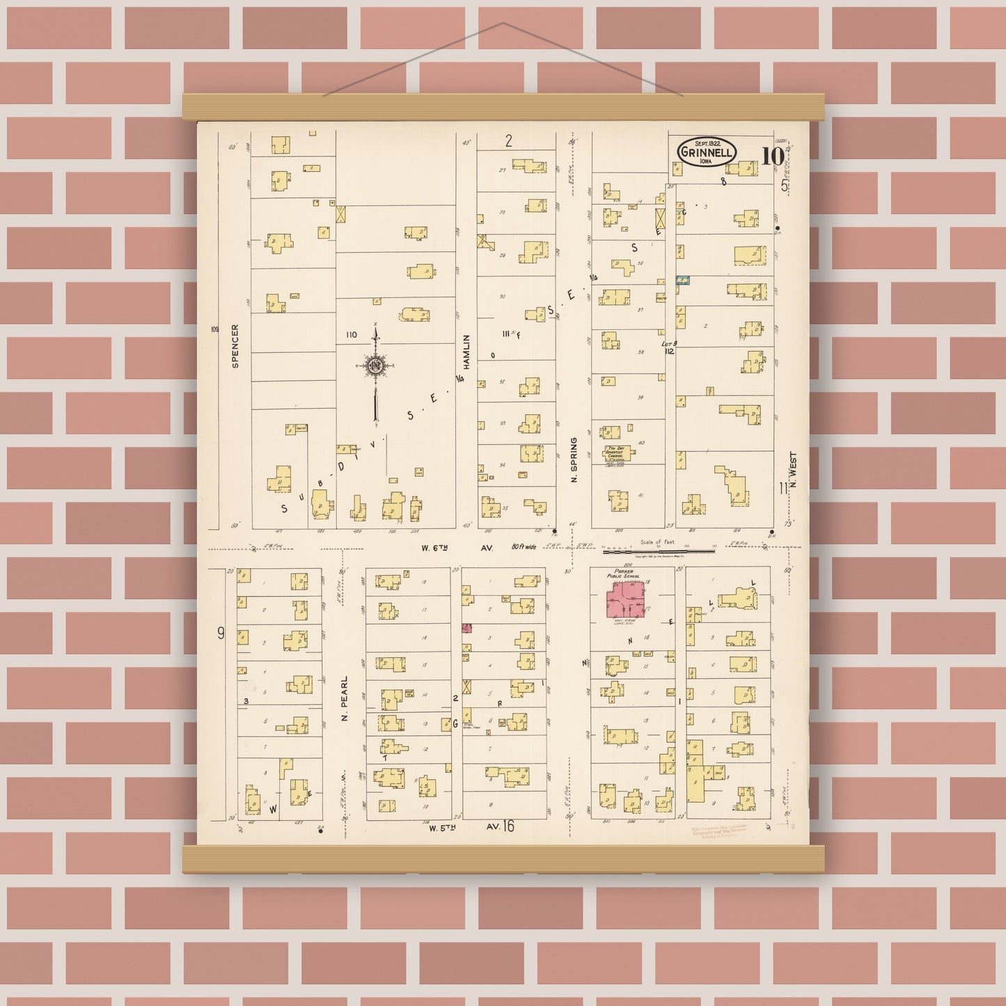 Old map wall art mockup — magnetic wood frame on brick wall — Sanborn Fire Insurance Map from Grinnell, Poweshiek County, Iowa (1922), Sheet #0010
