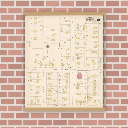 Old map wall art mockup — magnetic wood frame on brick wall — Sanborn Fire Insurance Map from Grinnell, Poweshiek County, Iowa (1922), Sheet #0010