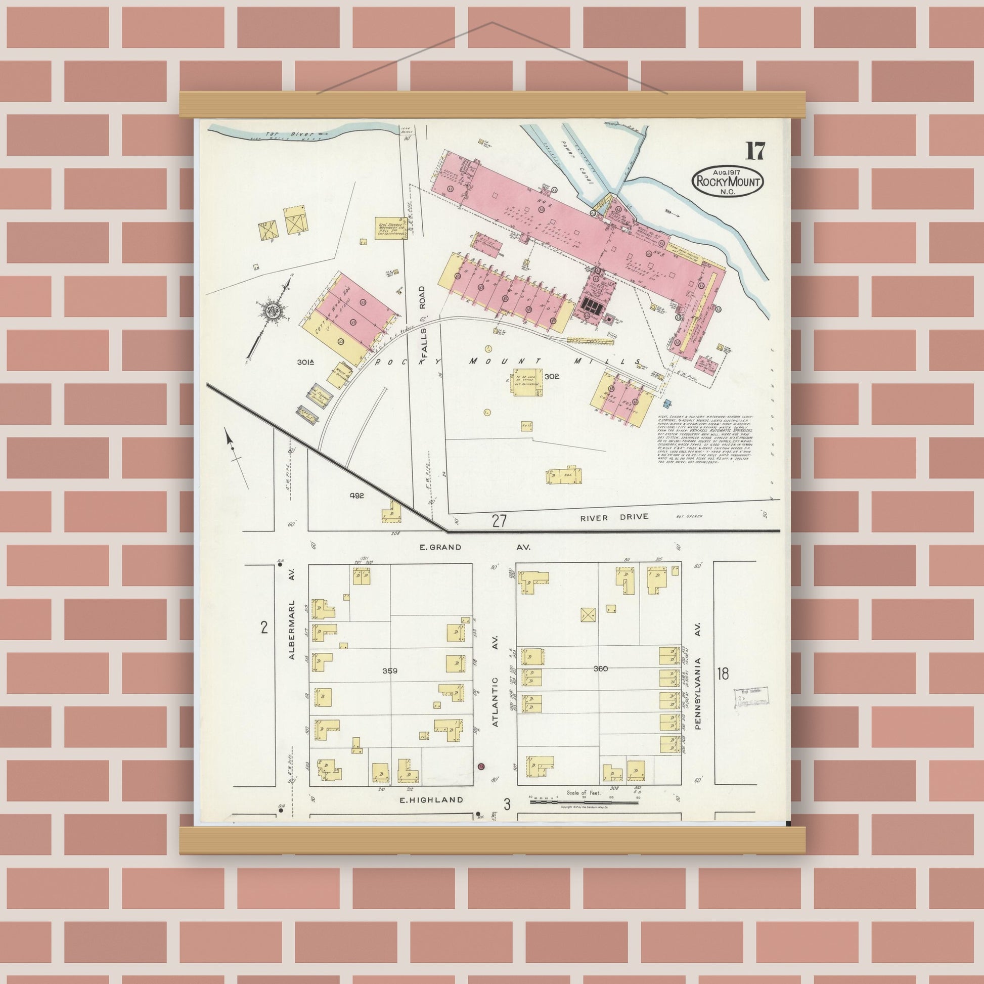 Old map wall art mockup — magnetic wood frame on brick wall — Sanborn Fire Insurance Map from Rocky Mount, Edgecombe And Nash Counties, North Carolina (1917), Sheet #0017