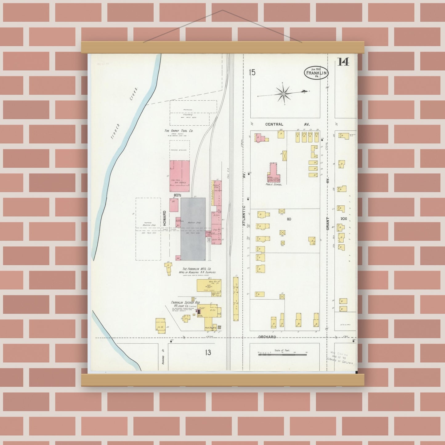 Old map wall art mockup — magnetic wood frame on brick wall — Sanborn Fire Insurance Map from Franklin, Venango County, Pennsylvania (1901), Sheet #0014