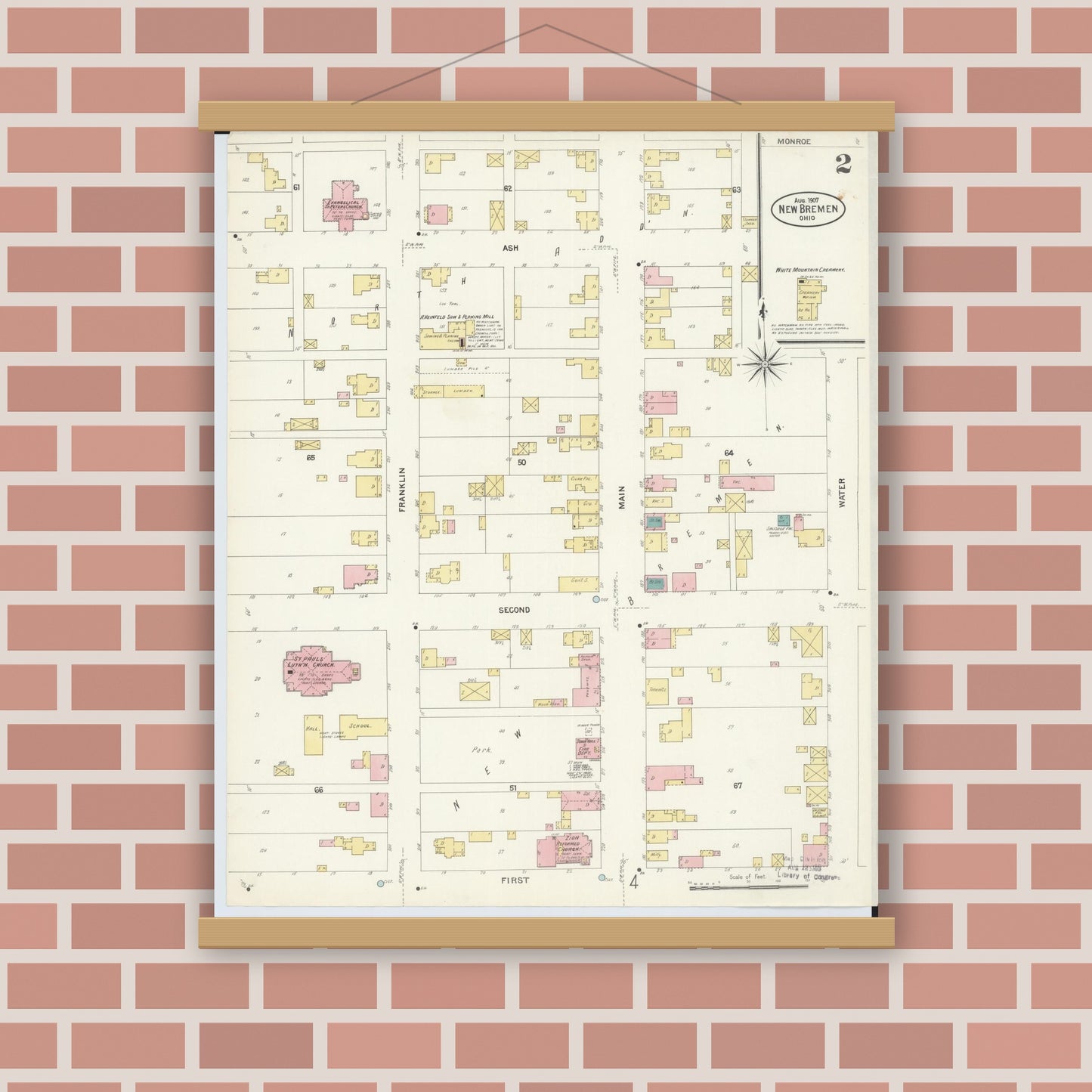 Old map wall art mockup — magnetic wood frame on brick wall — Sanborn Fire Insurance Map from New Bremen, Auglaize County, Ohio (1907), Sheet #0002