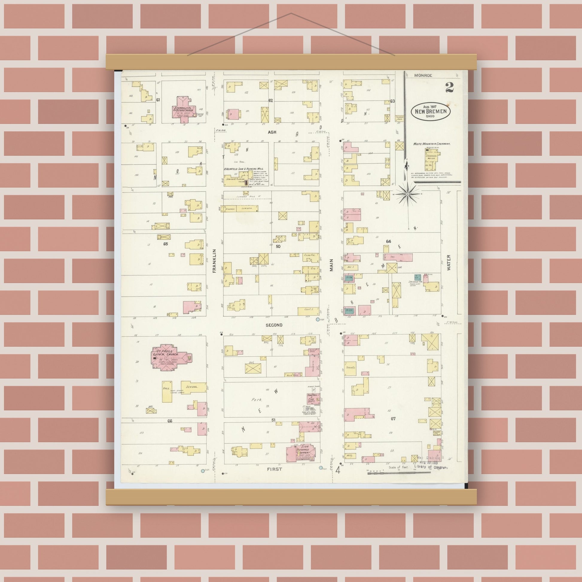 Old map wall art mockup — magnetic wood frame on brick wall — Sanborn Fire Insurance Map from New Bremen, Auglaize County, Ohio (1907), Sheet #0002