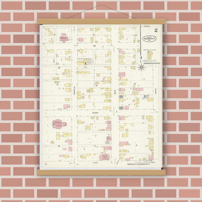 Old map wall art mockup — magnetic wood frame on brick wall — Sanborn Fire Insurance Map from New Bremen, Auglaize County, Ohio (1907), Sheet #0002