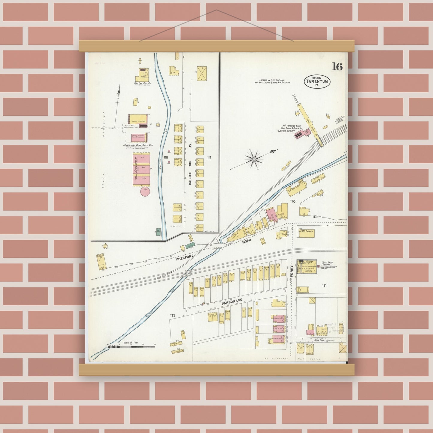 Old map wall art mockup — magnetic wood frame on brick wall — Sanborn Fire Insurance Map from Tarentum, Allegheny County, Pennsylvania (1902), Sheet #0016