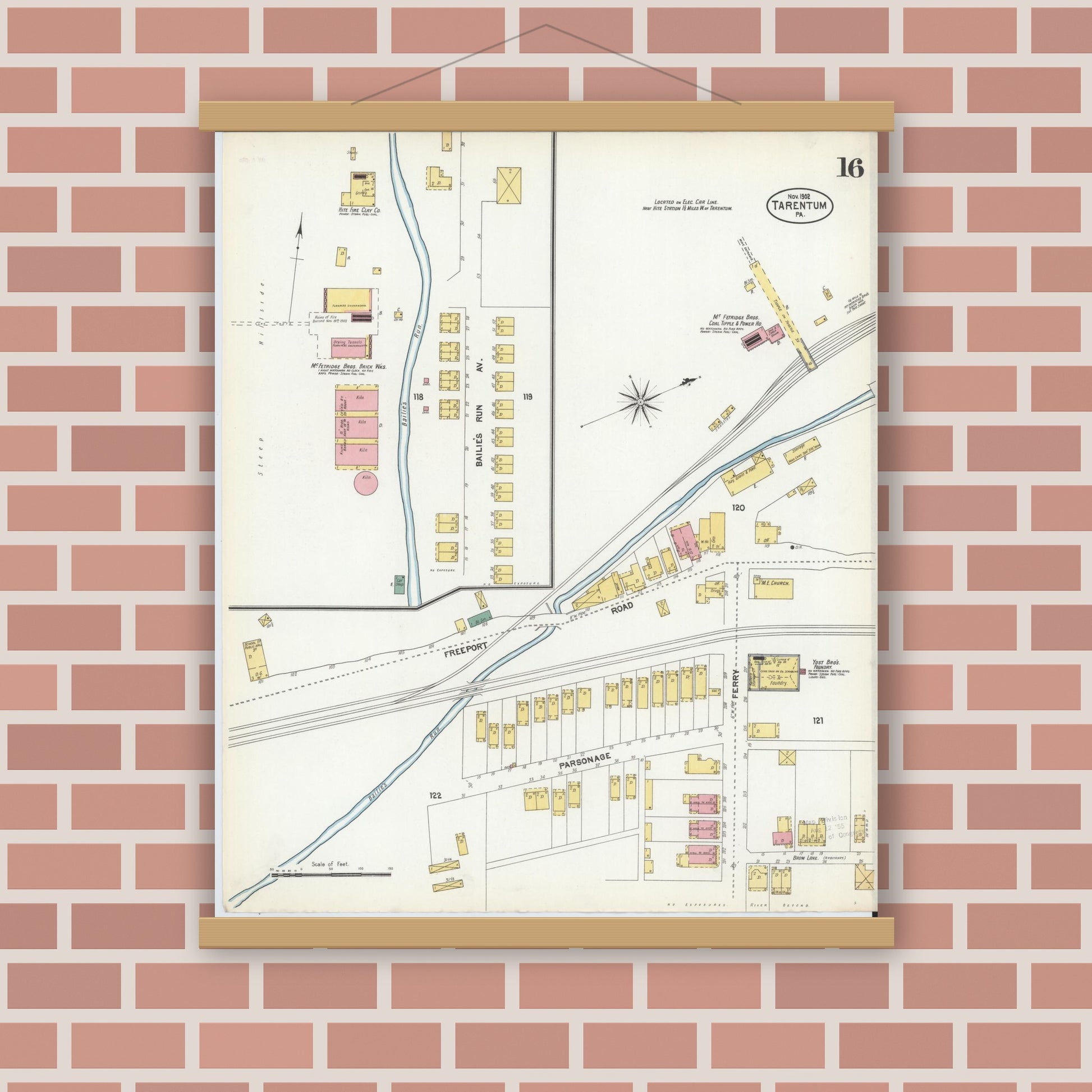 Old map wall art mockup — magnetic wood frame on brick wall — Sanborn Fire Insurance Map from Tarentum, Allegheny County, Pennsylvania (1902), Sheet #0016