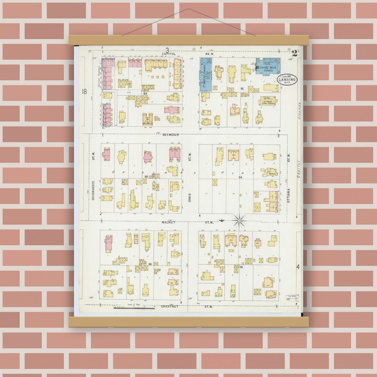 Old map wall art mockup — magnetic wood frame on brick wall — Sanborn Fire Insurance Map from Lansing, Ingham County, Michigan (1898), Sheet #0002