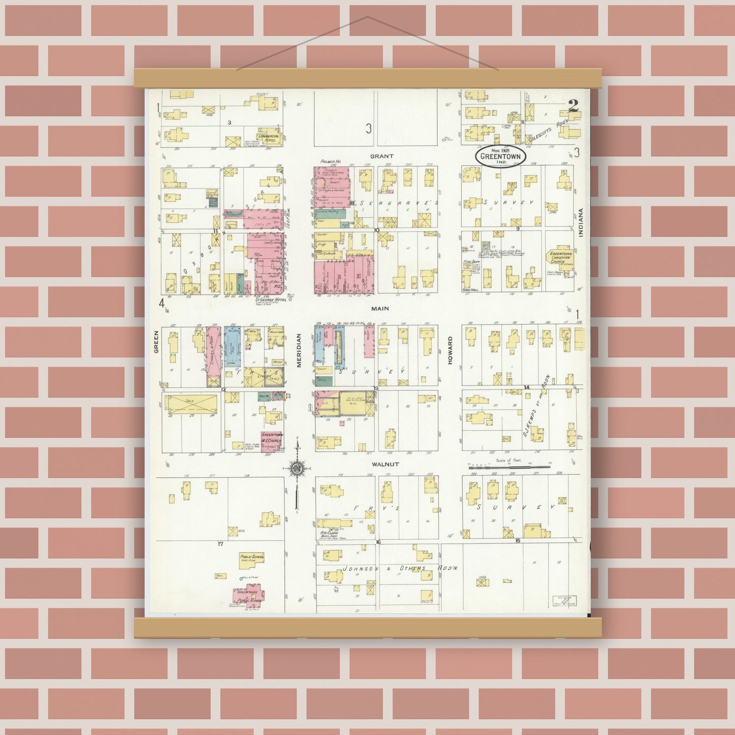 Old map wall art mockup — magnetic wood frame on brick wall — Sanborn Fire Insurance Map from Greentown, Howard County, Indiana (1909), Sheet #0002