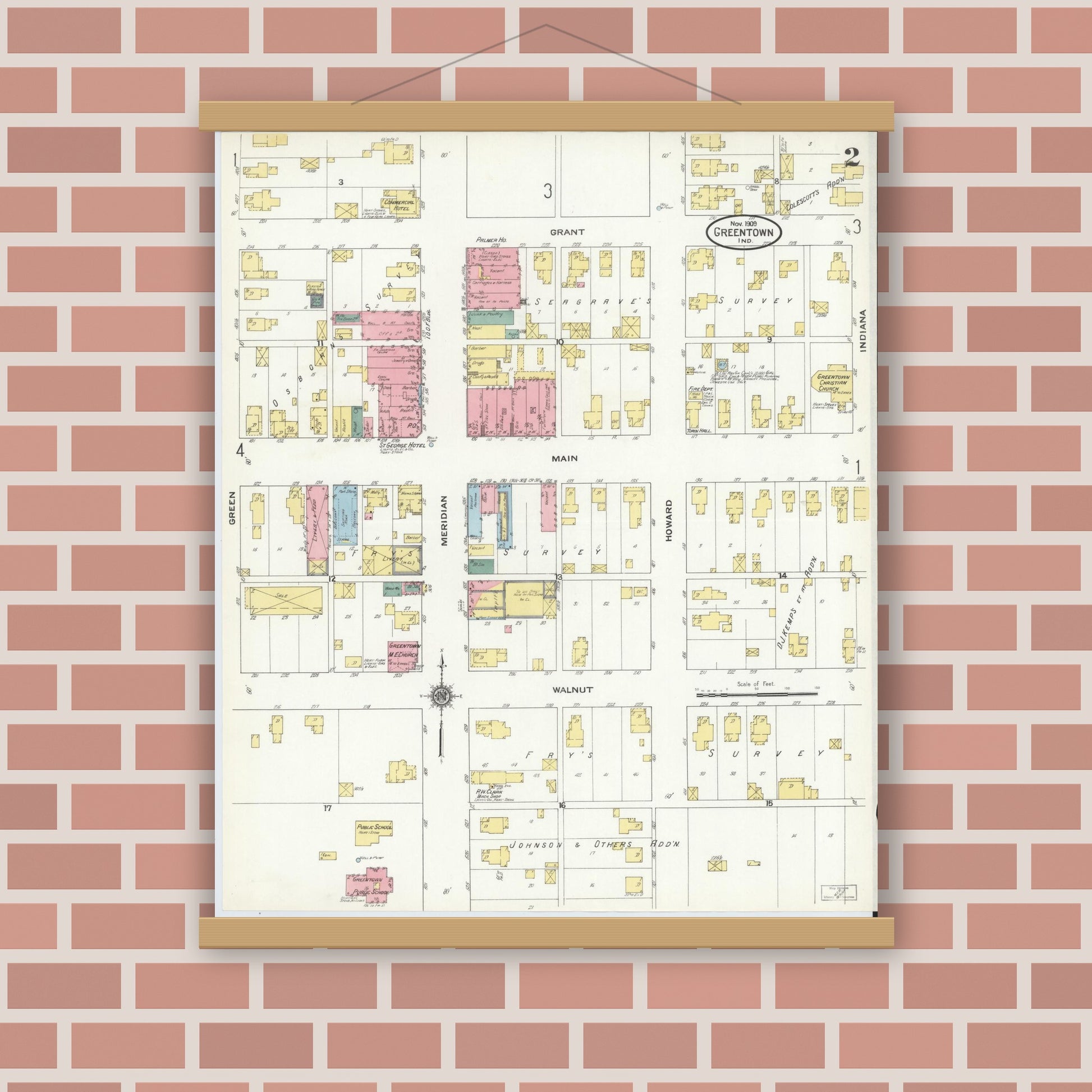 Old map wall art mockup — magnetic wood frame on brick wall — Sanborn Fire Insurance Map from Greentown, Howard County, Indiana (1909), Sheet #0002