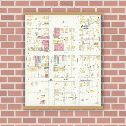 Old map wall art mockup — magnetic wood frame on brick wall — Sanborn Fire Insurance Map from Greentown, Howard County, Indiana (1909), Sheet #0002