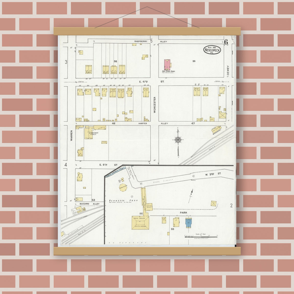 Old map wall art mockup — magnetic wood frame on brick wall — Sanborn Fire Insurance Map from Nescopeck, Luzerne County, Pennsylvania (1919), Sheet #0006