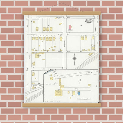 Old map wall art mockup — magnetic wood frame on brick wall — Sanborn Fire Insurance Map from Nescopeck, Luzerne County, Pennsylvania (1919), Sheet #0006