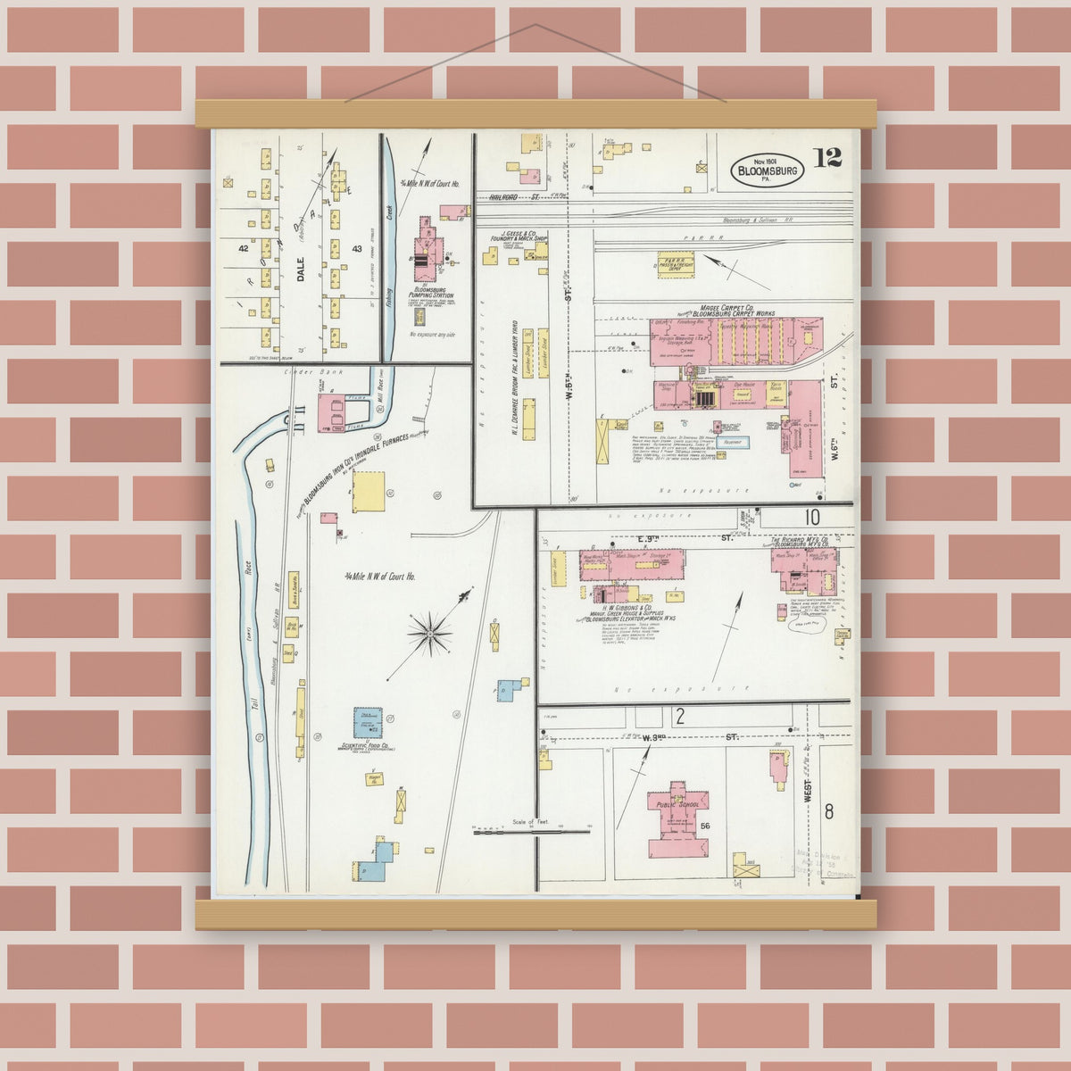 Old map wall art mockup — magnetic wood frame on brick wall — Sanborn Fire Insurance Map from Bloomsburg, Columbia County, Pennsylvania (1901), Sheet #0012