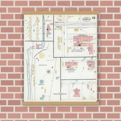 Old map wall art mockup — magnetic wood frame on brick wall — Sanborn Fire Insurance Map from Bloomsburg, Columbia County, Pennsylvania (1901), Sheet #0012