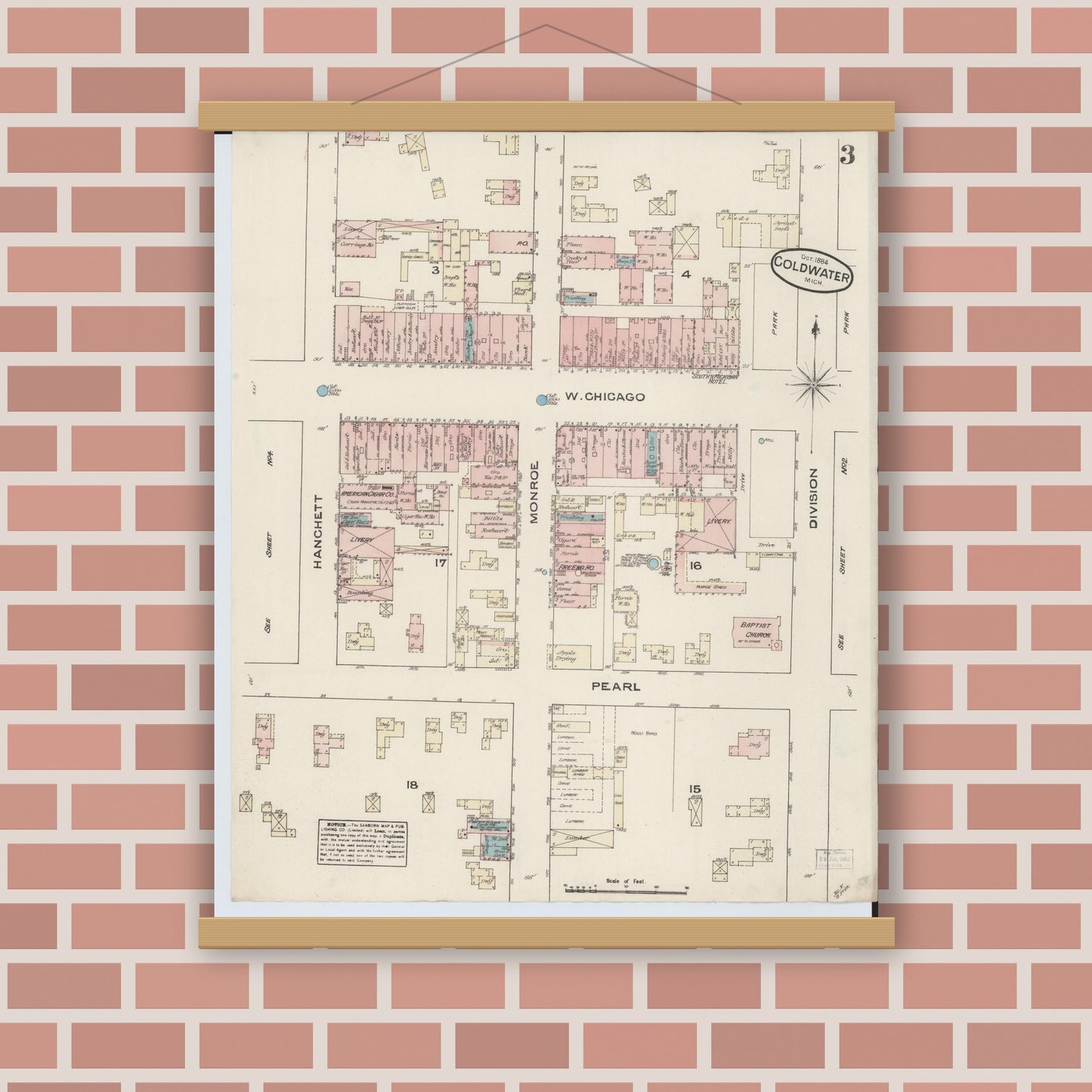 Old map wall art mockup — magnetic wood frame on brick wall — Sanborn Fire Insurance Map from Coldwater, Branch County, Michigan (1884), Sheet #0003