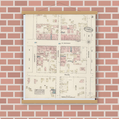 Old map wall art mockup — magnetic wood frame on brick wall — Sanborn Fire Insurance Map from Coldwater, Branch County, Michigan (1884), Sheet #0003