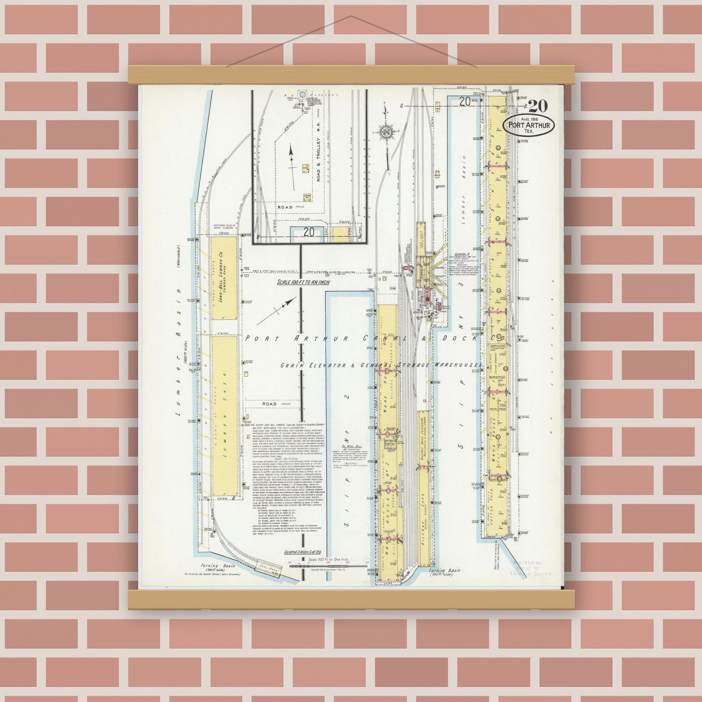 Old map wall art mockup — magnetic wood frame on brick wall — Sanborn Fire Insurance Map from Port Arthur, Jefferson County, Texas (1918), Sheet #0020