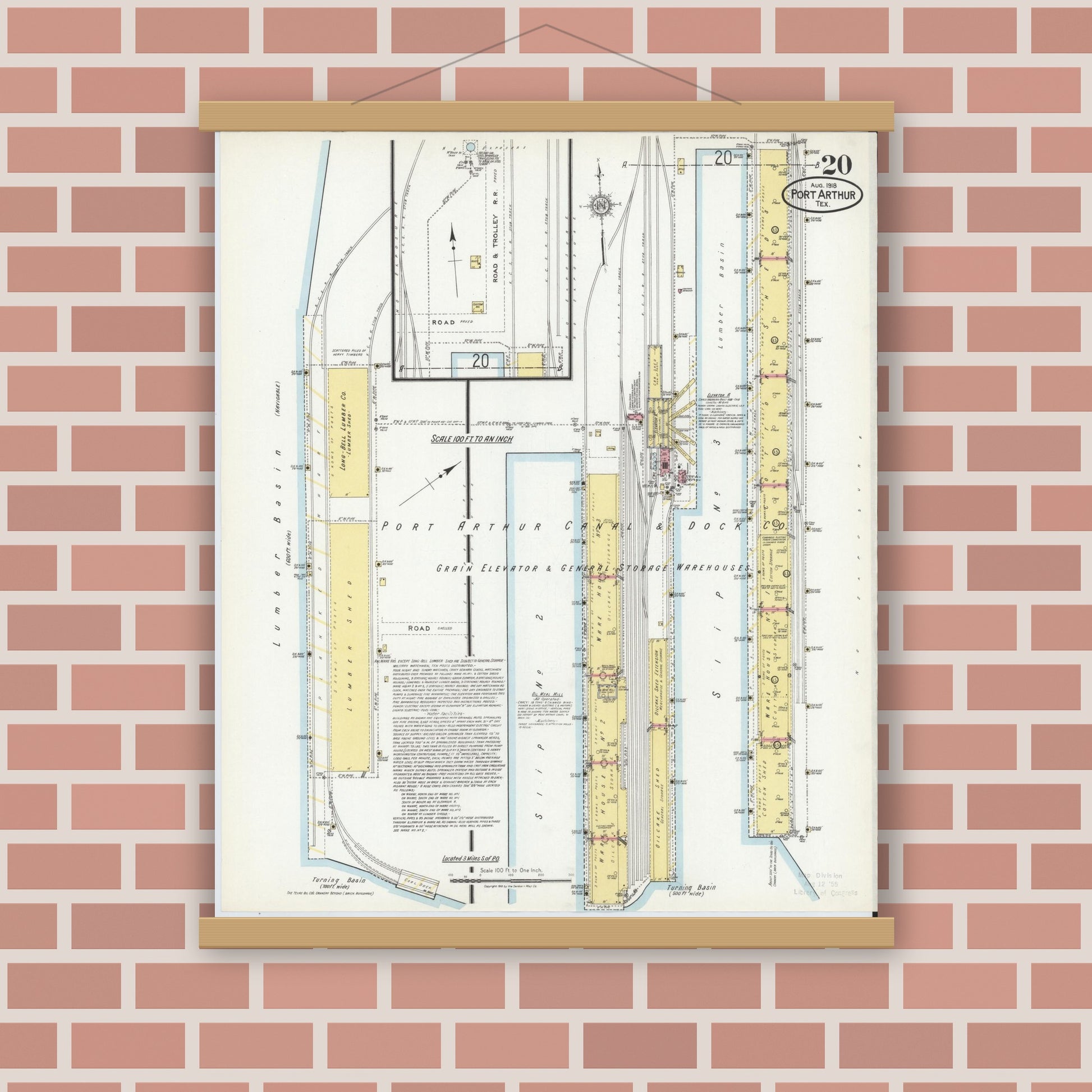 Old map wall art mockup — magnetic wood frame on brick wall — Sanborn Fire Insurance Map from Port Arthur, Jefferson County, Texas (1918), Sheet #0020