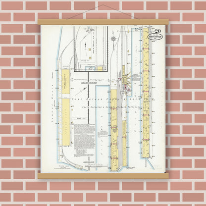 Old map wall art mockup — magnetic wood frame on brick wall — Sanborn Fire Insurance Map from Port Arthur, Jefferson County, Texas (1918), Sheet #0020