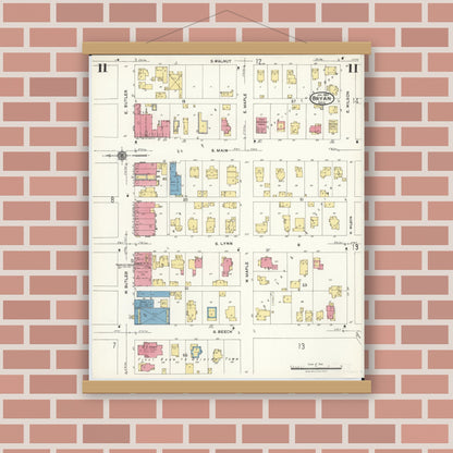 Old map wall art mockup — magnetic wood frame on brick wall — Sanborn Fire Insurance Map from Bryan, Williams County, Ohio (1923), Sheet #0011