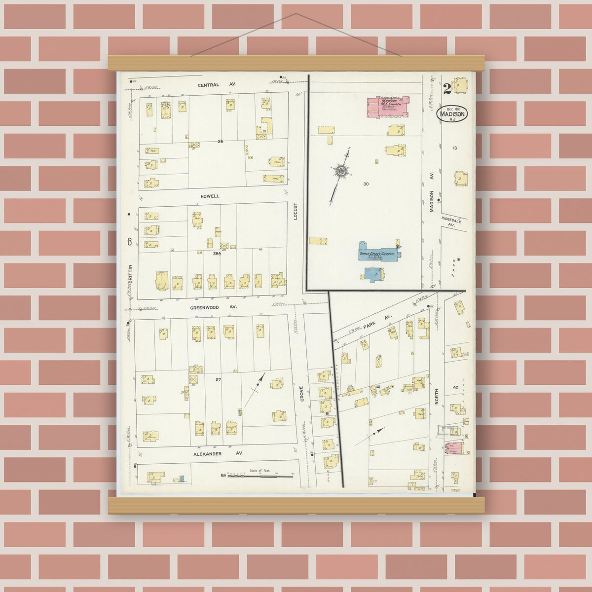 Old map wall art mockup — magnetic wood frame on brick wall — Sanborn Fire Insurance Map from Madison, Morris County, New Jersey (1912), Sheet #0002