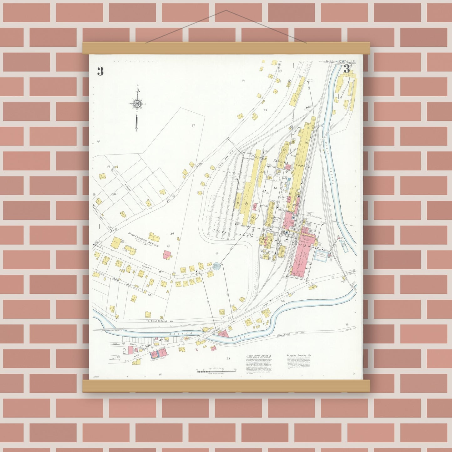 Old map wall art mockup — magnetic wood frame on brick wall — Sanborn Fire Insurance Map from Sylva, Jackson County, North Carolina (1933), Sheet #0003