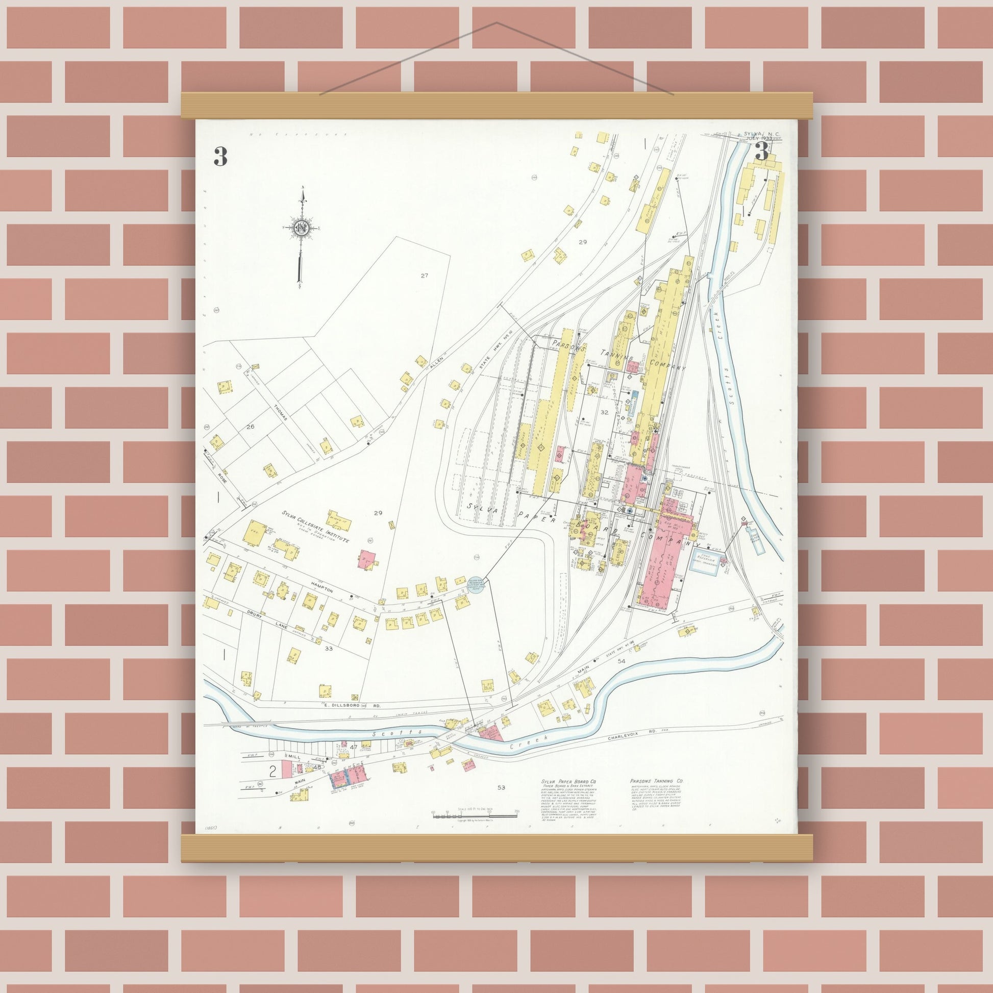 Old map wall art mockup — magnetic wood frame on brick wall — Sanborn Fire Insurance Map from Sylva, Jackson County, North Carolina (1933), Sheet #0003
