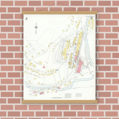 Old map wall art mockup — magnetic wood frame on brick wall — Sanborn Fire Insurance Map from Sylva, Jackson County, North Carolina (1933), Sheet #0003