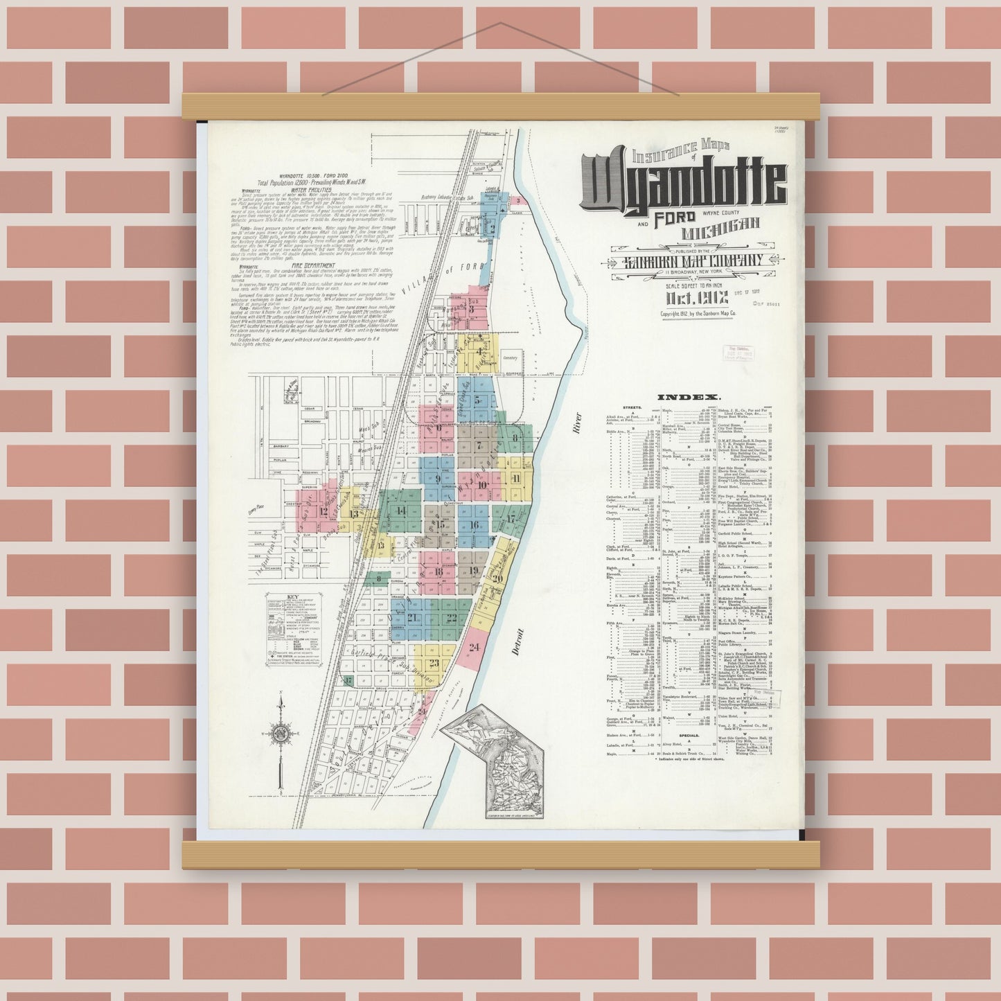 Old map wall art mockup — magnetic wood frame on brick wall — Sanborn Fire Insurance Map from Wyandotte, Wayne County, Michigan (1912), Sheet #0001