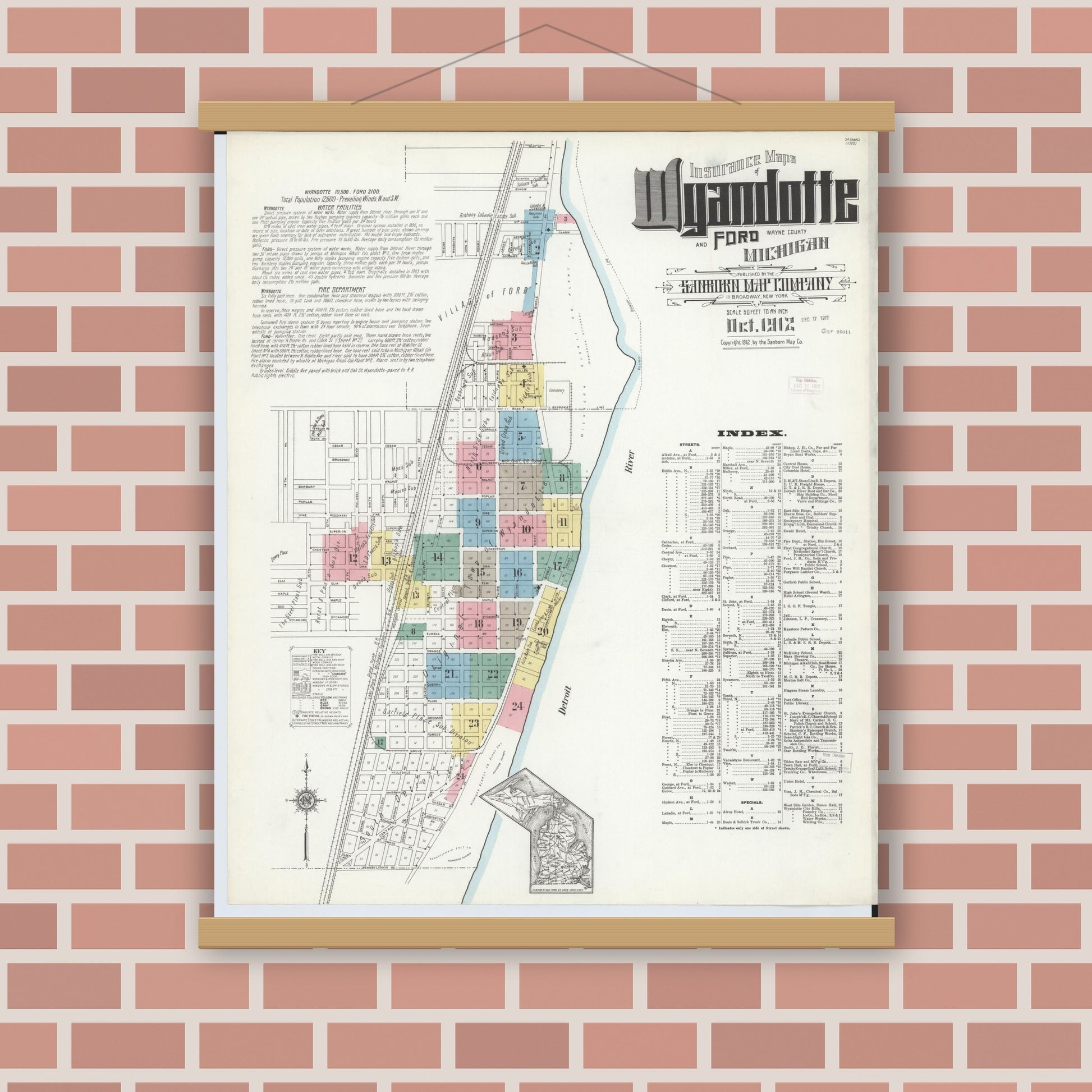 Old map wall art mockup — magnetic wood frame on brick wall — Sanborn Fire Insurance Map from Wyandotte, Wayne County, Michigan (1912), Sheet #0001
