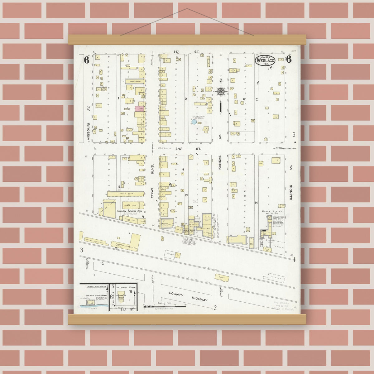 Old map wall art mockup — magnetic wood frame on brick wall — Sanborn Fire Insurance Map from Weslaco, Hidalgo County, Texas (1925), Sheet #0006