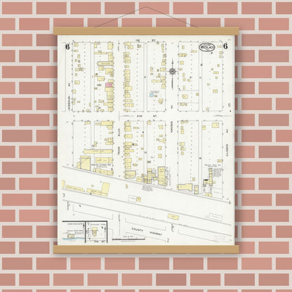 Old map wall art mockup — magnetic wood frame on brick wall — Sanborn Fire Insurance Map from Weslaco, Hidalgo County, Texas (1925), Sheet #0006
