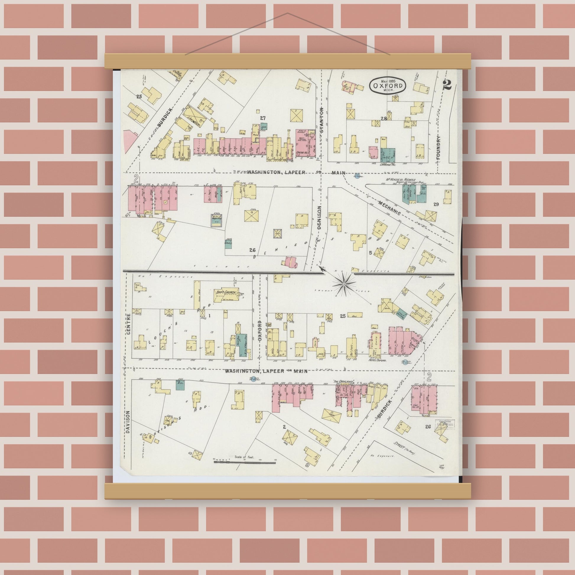 Old map wall art mockup — magnetic wood frame on brick wall — Sanborn Fire Insurance Map from Oxford, Oakland County, Michigan (1895), Sheet #0002
