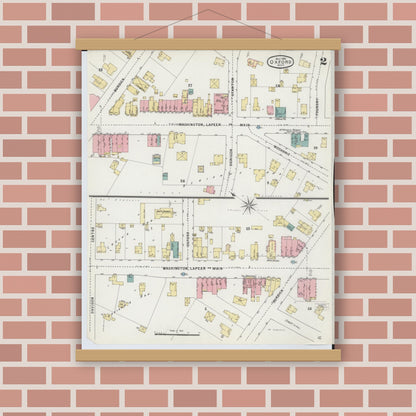Old map wall art mockup — magnetic wood frame on brick wall — Sanborn Fire Insurance Map from Oxford, Oakland County, Michigan (1895), Sheet #0002