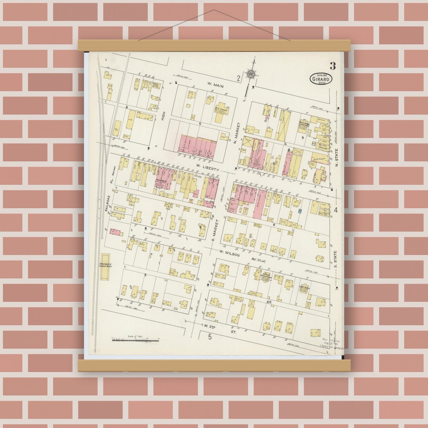 Old map wall art mockup — magnetic wood frame on brick wall — Sanborn Fire Insurance Map from Girard, Trumbull County, Ohio (1915), Sheet #0003