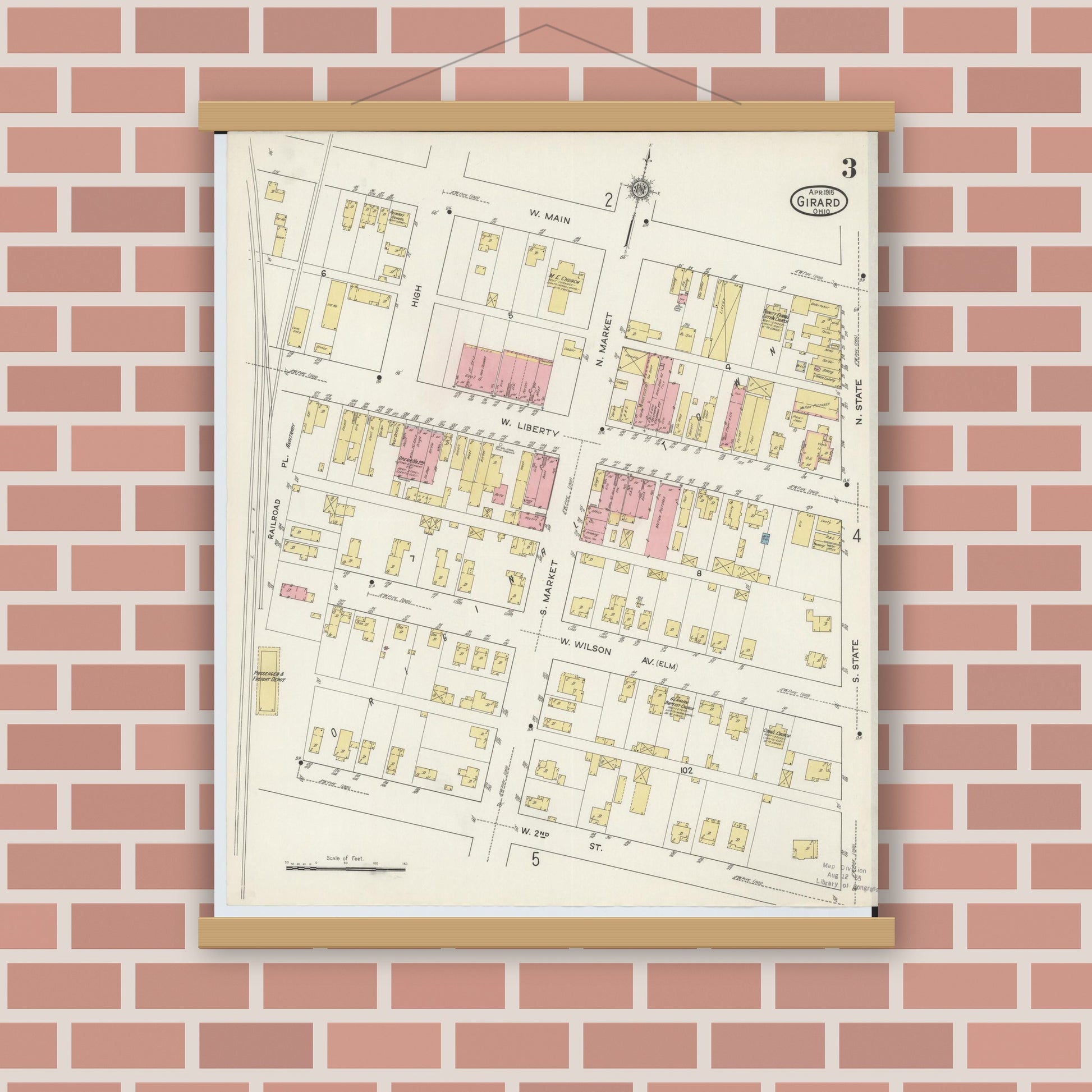 Old map wall art mockup — magnetic wood frame on brick wall — Sanborn Fire Insurance Map from Girard, Trumbull County, Ohio (1915), Sheet #0003