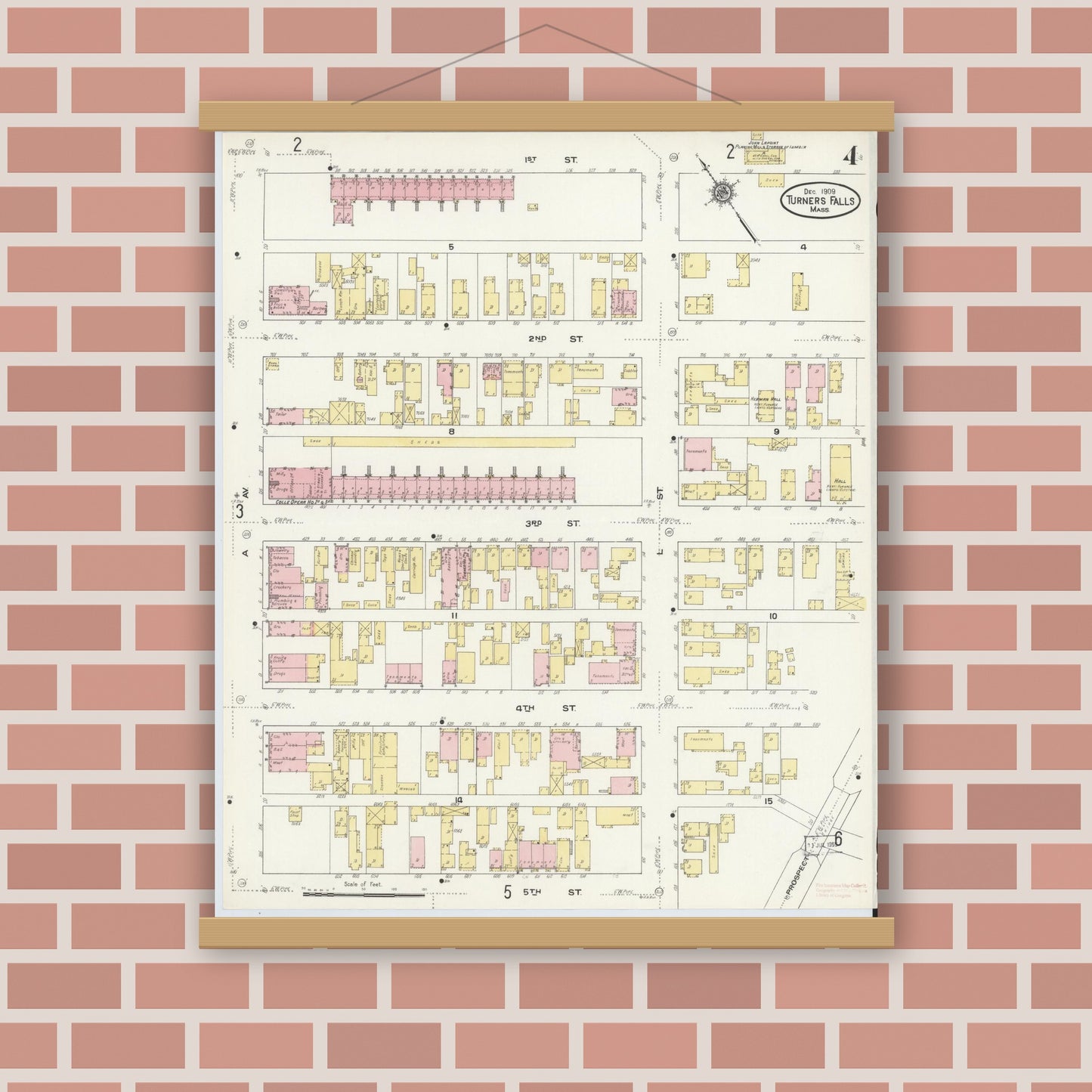 Old map wall art mockup — magnetic wood frame on brick wall — Sanborn Fire Insurance Map from Turners Falls, Franklin County, Massachusetts (1909), Sheet #0004
