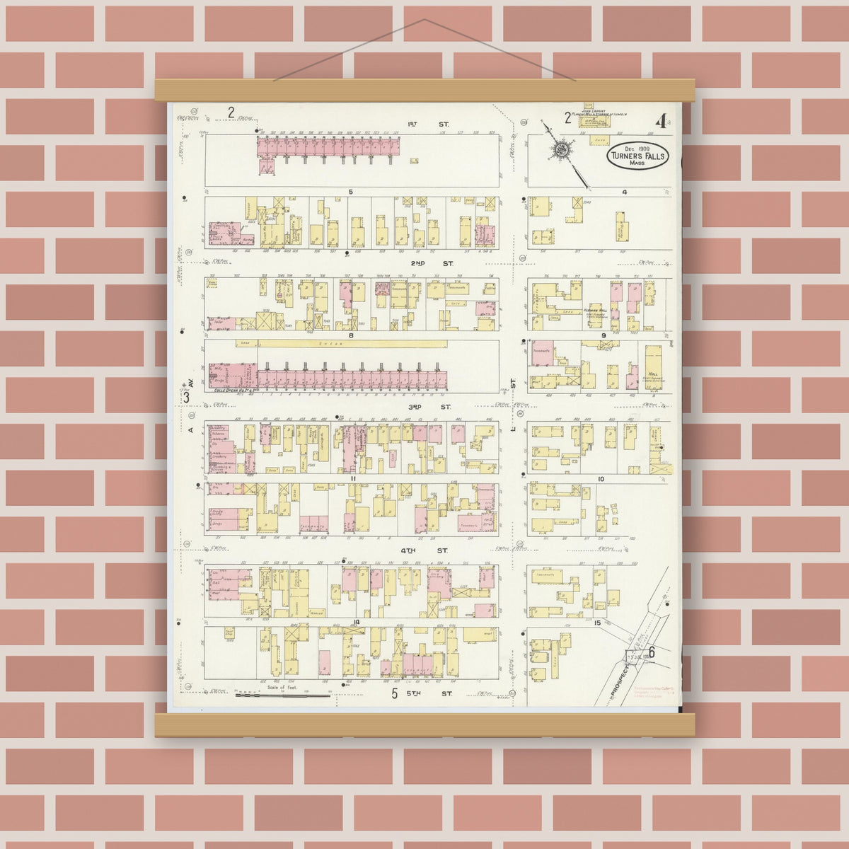 Old map wall art mockup — magnetic wood frame on brick wall — Sanborn Fire Insurance Map from Turners Falls, Franklin County, Massachusetts (1909), Sheet #0004