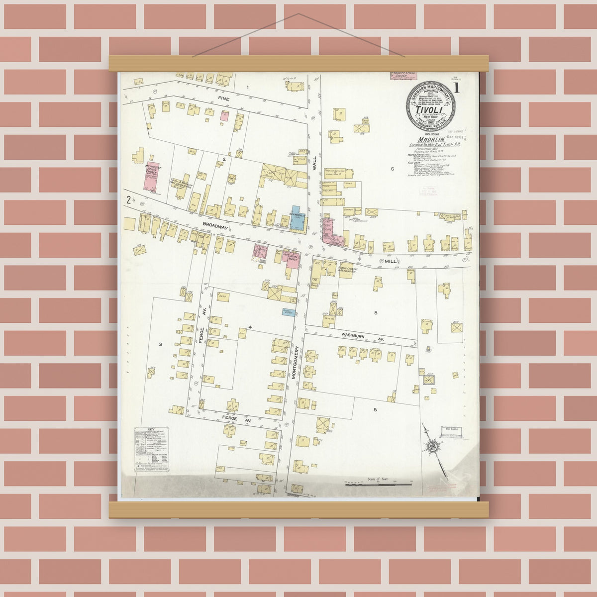 Old map wall art mockup — magnetic wood frame on brick wall — Sanborn Fire Insurance Map from Tivoli, Dutchess County, New York (1912) - Complete Map Set