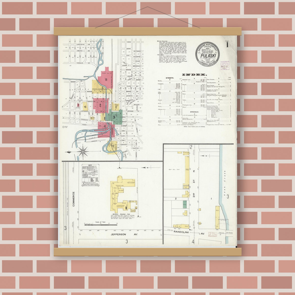 Old map wall art mockup — magnetic wood frame on brick wall — Sanborn Fire Insurance Map from Pulaski, Pulaski County, Virginia (1908), Sheet #0001
