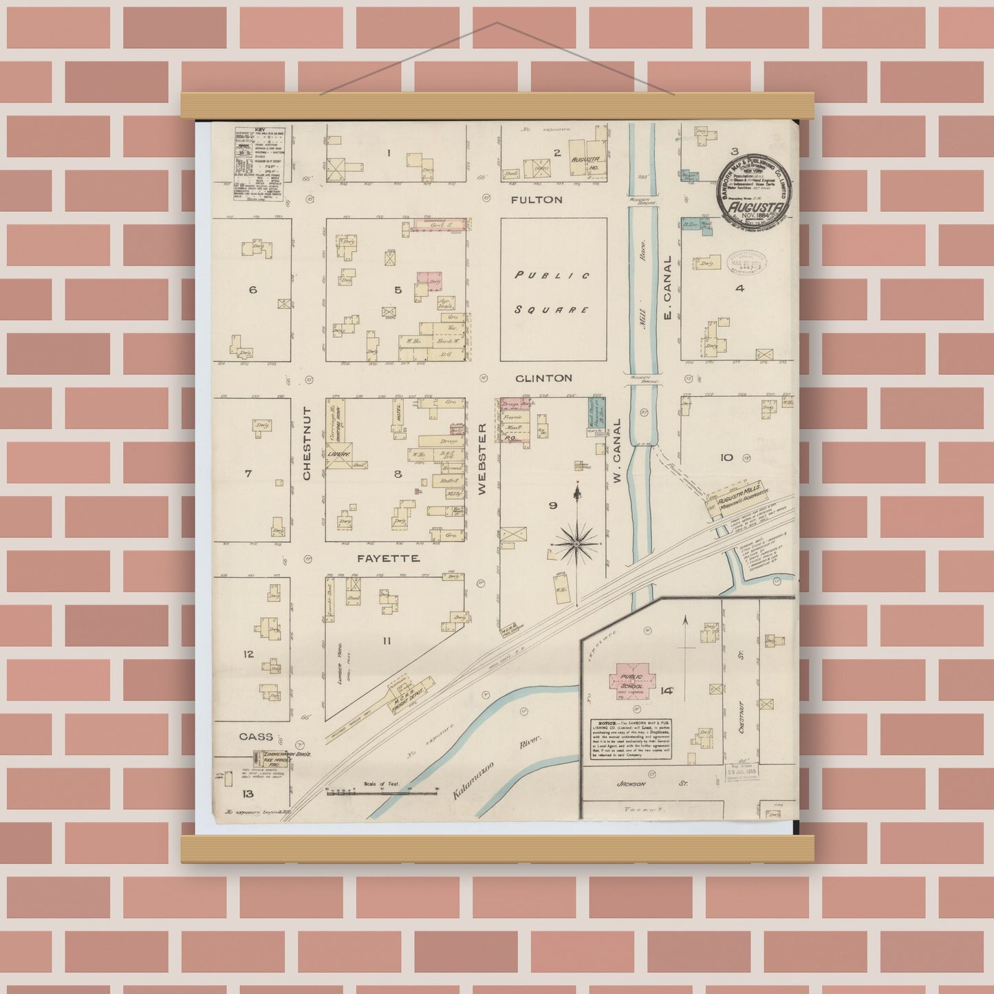 Old map wall art mockup — magnetic wood frame on brick wall — Sanborn Fire Insurance Map from Augusta, Kalamazoo County, Michigan (1884), Sheet #0001